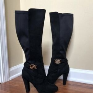 bebe Black Heeled Boots with Gold Accent